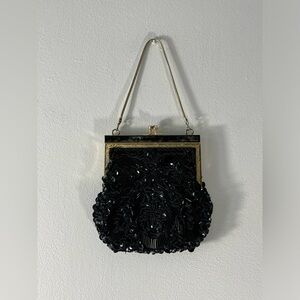 Beautiful Vintage Black & Gold Beaded Sequin Evening Purse Hand Bag Elegant